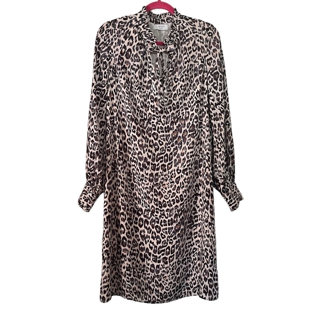 Weill Paris leopard print shift dress with neck tie and ruffled cuffs and collar